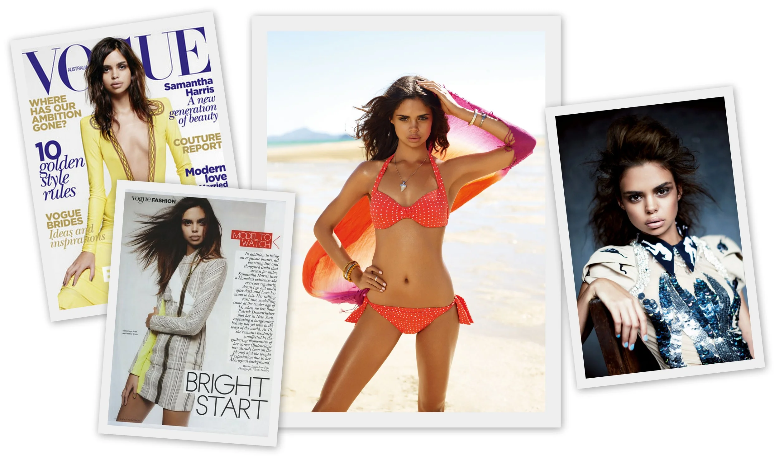 Left to RIght: Samantha Harris' cover and feature in Vogue Australia June 2010; 2010/2011 Sea Folly campaign; Vogue Australia June 2010