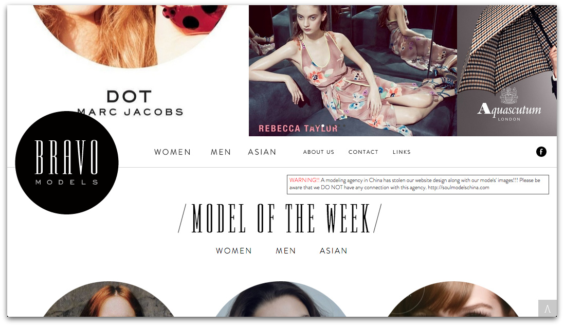 A screen shot of the website of Bravo Models, a top Tokyo agency. Models are here categorized as "Women", "Men", or "Asian". | Source