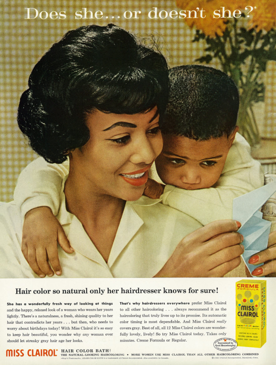 Advertisement for Miss Clairol Hair Color Bath targeting African American women in Ebony Magazine in April 1962 | Source