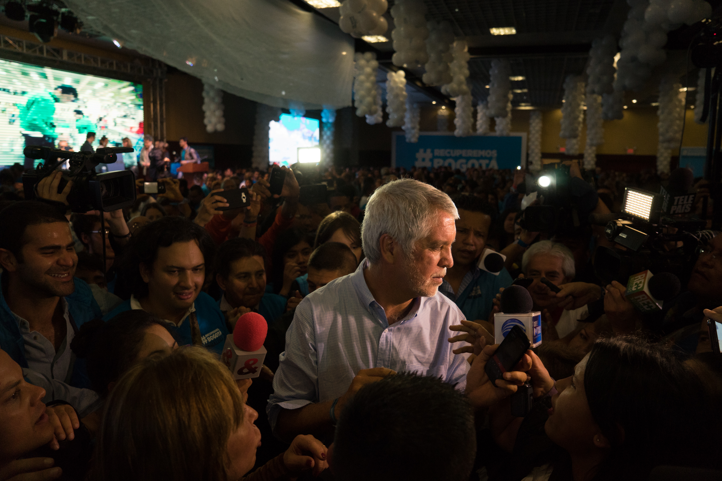 Enrique Peñalosa talks to the press after having been elected as the new mayor of Bogota. Bogota, Colombia. October 2015.