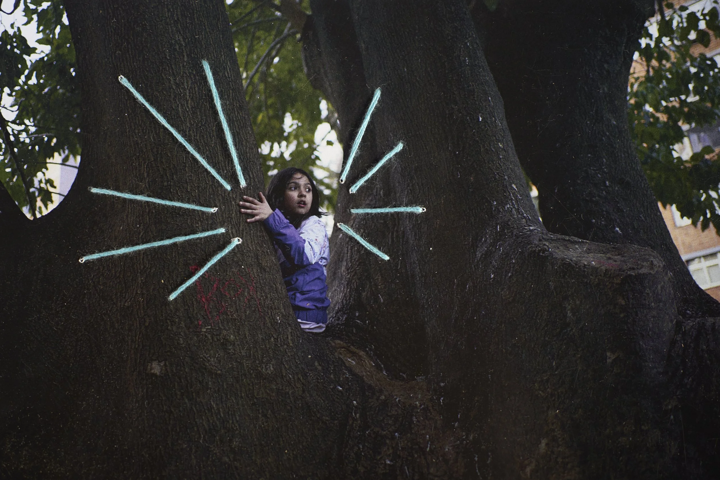  Mia plays in the Ombu tree. Embroidery by Lucia. 