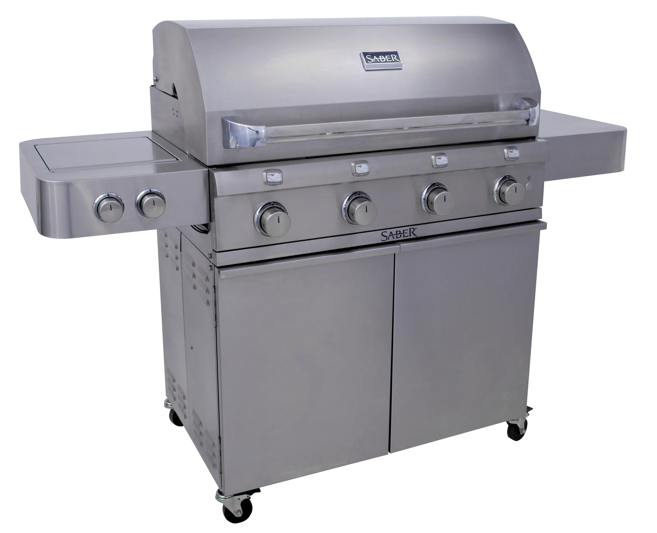 Saber R67SC0012 If you love to cook for a crowd, our largest SABER freestanding grill
has the capacity and extra features to make entertaining a breeze. 4
cooking zones allow you to adjust the cooking surface size to match the
number of people you are cooking for. The dual tube side burner expands
your options to include frying, boiling and cooking with a wok or
skillet. Standard Features · The
SABER patented infrared cooking system for superior grilling
performance: IR across entire cooking surface, even temperatures, no
flare-ups, 30% less propane consumption. learn more · All 304 stainless steel (commercial kitchen grade), nonmagnetic · Strong, stable, durable construction with welded tubular cart and firebox frames · Shelves bolted to a tube frame provide solid work surfaces · 304 stainless steel burners, grate system and emitters · 4 cooking zones for just the right amount of cooking space. Use one, two, three or all 4 zones. --Saves gas by only heating the space you need for the meal you're cooking. · Front access grease tray for easy cleaning · Simple cleanup: just burn off and brush away food debris · Safe, easy natural gas conversion with SABER’s exclusive EZNG technology · Fast assembly with 26 common fasteners · SABER grate cleaning tool included Special Features · 895 total square inches of cooking area (670 primary, 225 secondary) · Enclosed 304 stainless steel cart and heavy duty side shelves · 304 stainless steel firebox exterior with seamless welded lid · Grate-level temperature gauges for greater accuracy · Four 304 stainless steel tube burners (32,000 total BTUs, including 18,000 for side burner) · Dual tube side burner for greater versatility (perfect for boiling, frying, woks, skillets) · Push and turn integrated electronic ignition at each burner for reliable start-up every time · Adjustable 304 stainless steel warming rack with storage and roasting positions · Interior halogen lights for nighttime cooking · Heavy duty 3-inch locking casters
