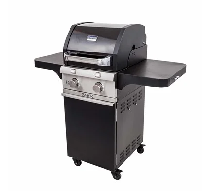 SABER CAST BLACK 330 R33CC1017 Standard SABER® Features The SABER® patented cooking system for superior grilling with even heat and no flare-ups All commercial-grade stainless steel is non-magnetic Electronic ignition at every burner for reliable start Grate-level temperature gauges allow grilling with the lid up Front access grease tray for easy cleaning Heavy-duty nylon locking casters Uses 30% less gas every time Simple cleanup: just burn off and brush away food debris Safe, easy natural gas conversion with SABER’s exclusive EZNG technology Special Features Black enamel lid with cast-aluminum end caps Fully-enclosed black powder-coated cart Heavy-duty powder-coated shelves with die-cast tool holders Adjustable enamel warming rack with storage and roasting positions Two cooking zones for just the right amount of cooking space. Use one or both zones