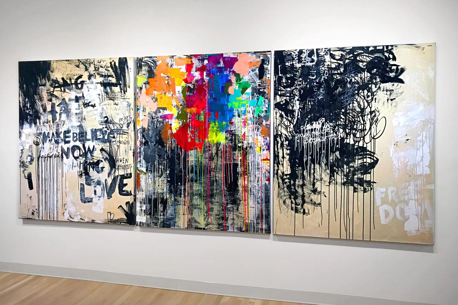 FREEDOM, 144x60 acrylic and mixed media on canvas, 3 panels