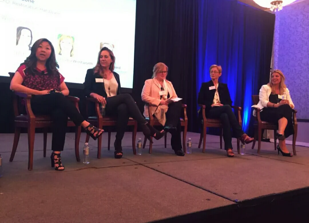 L-R: Joy Chen (Chairman & CEO of H20+Beauty); Jill Reber (Chairman & CEO of Primitive Logic); Claudia Wentworth (CEO & Co-Founder Quick Mount PV); Burr Leonard (Founder & President, The Bar Method); Karen Boone (CFO Restoration Hardware and CrossFit gym owner). Photo credit: @SFBTevents