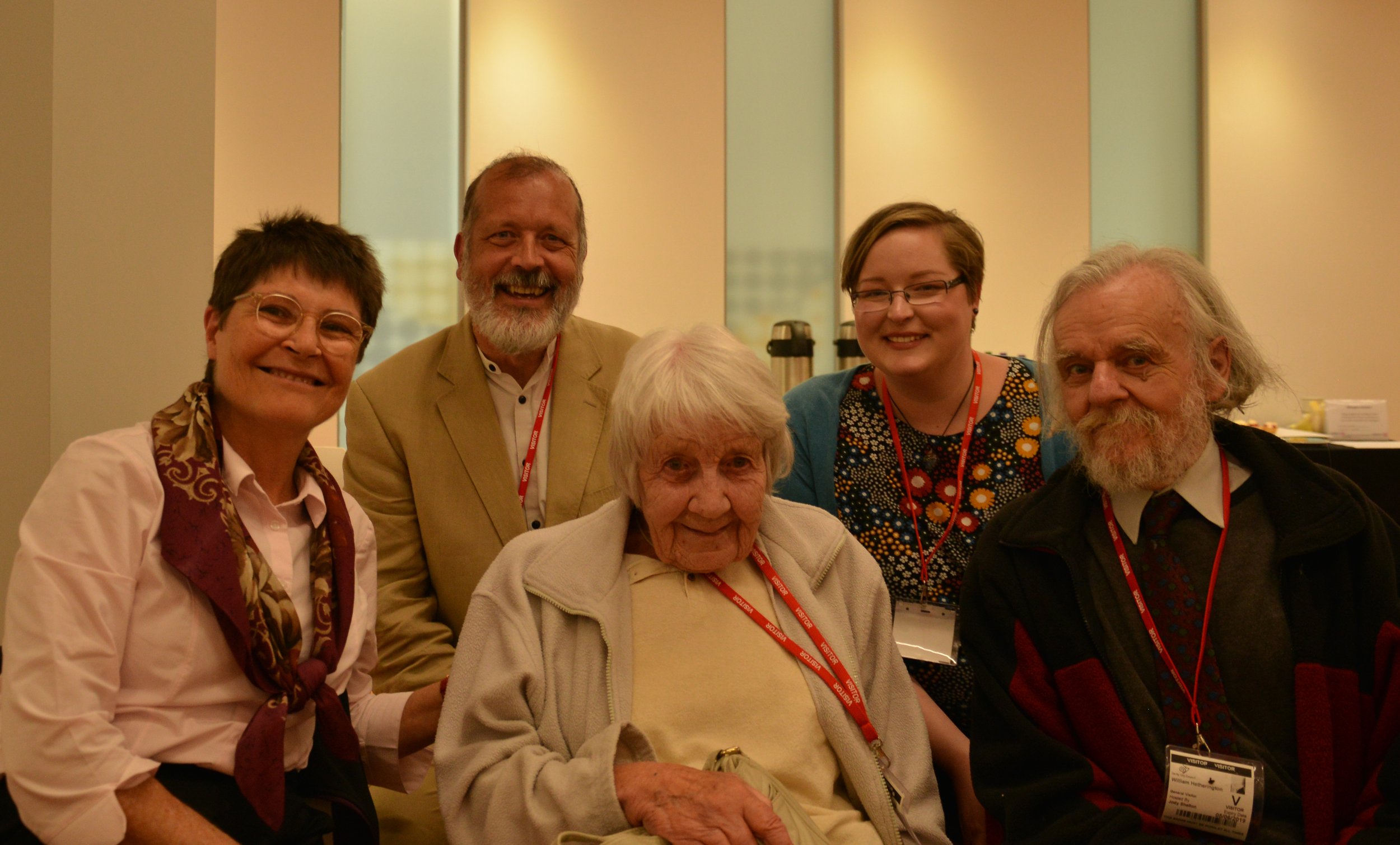  Guests at the naming ceremony (left to right): Chloe Mason; archivist for the Peace Pledge Union  Bill Hetherington; Betty Keeling, whose great-aunt was a friend of the Wheeldons; musician Mel Biggs; and historian Nick Hiley. 