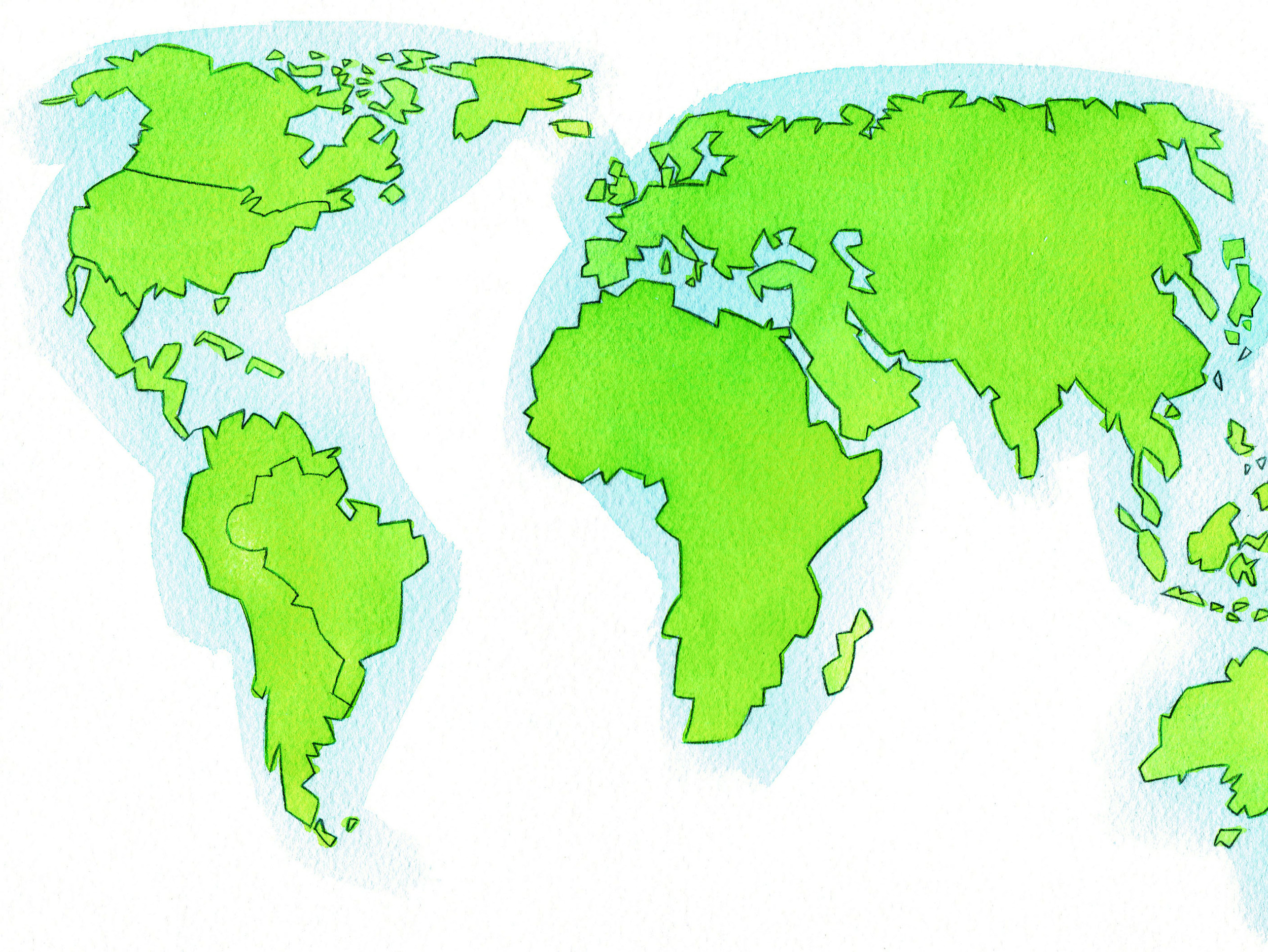 World map in ink wash for a magazine