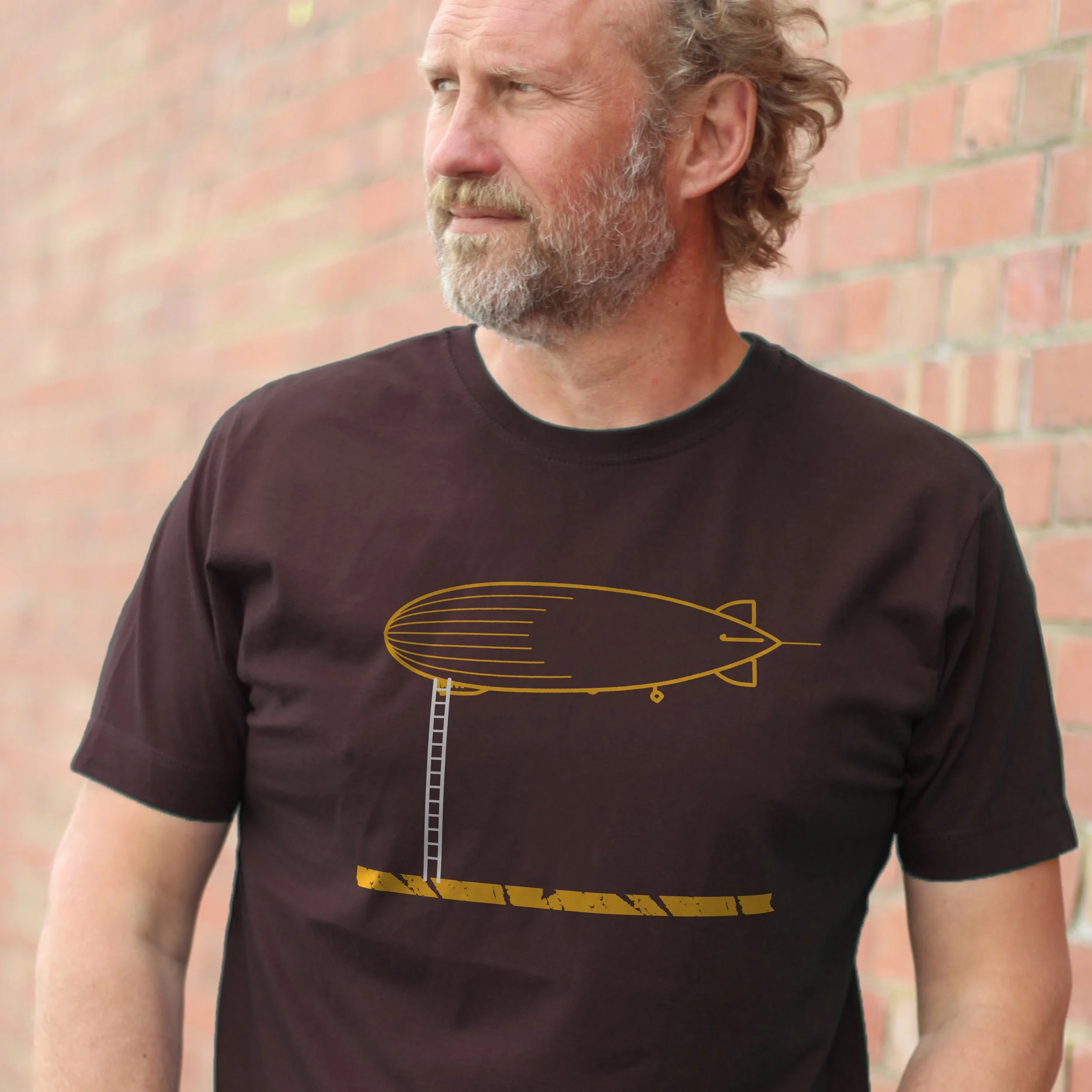 zeppelin T-shirt in brown and gold