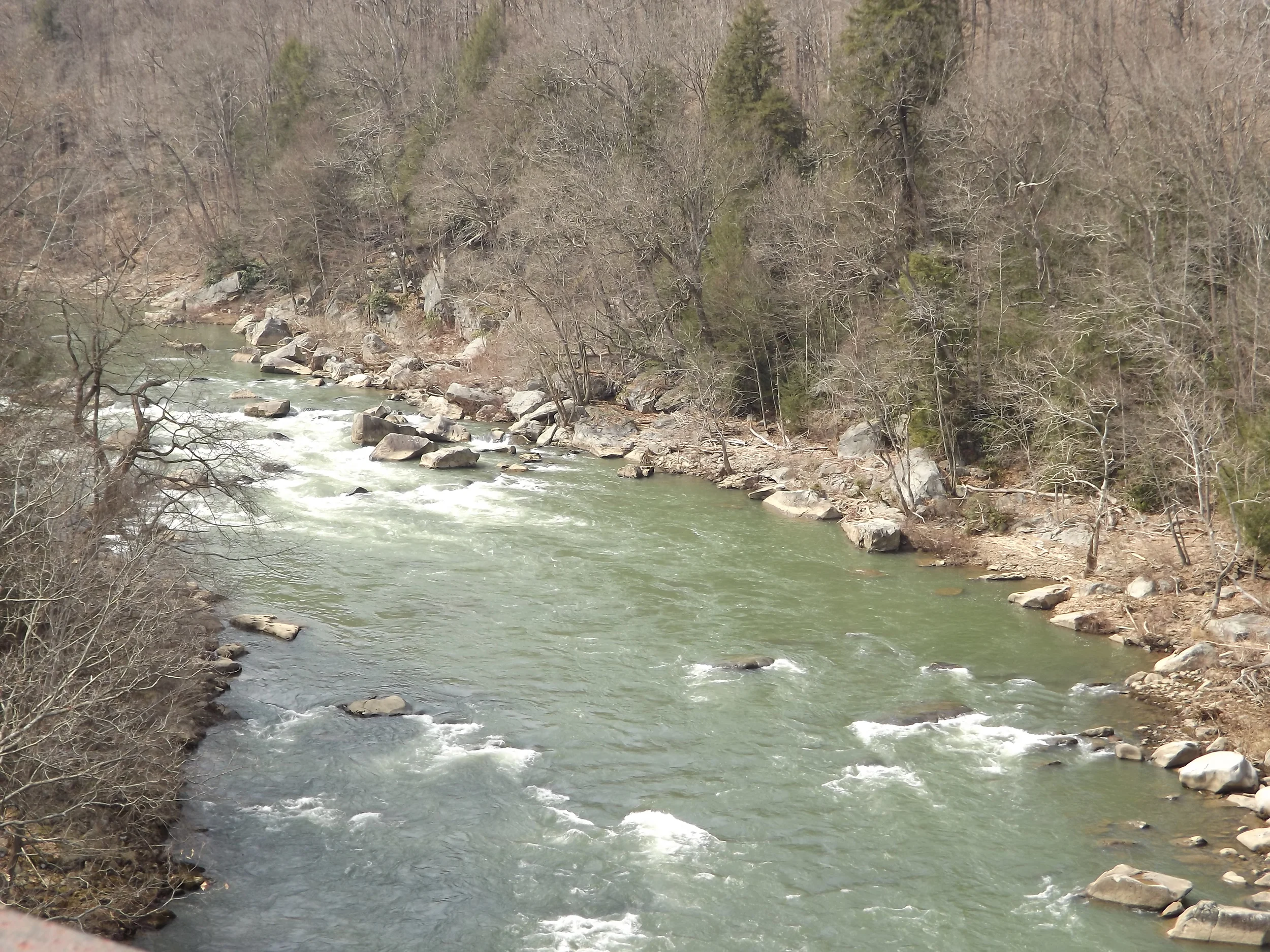 This picture was taken from the rails to trails biking/walking bridge looking up river. The bridge is 120 feet above the water and has great views of the river valley in both directions.