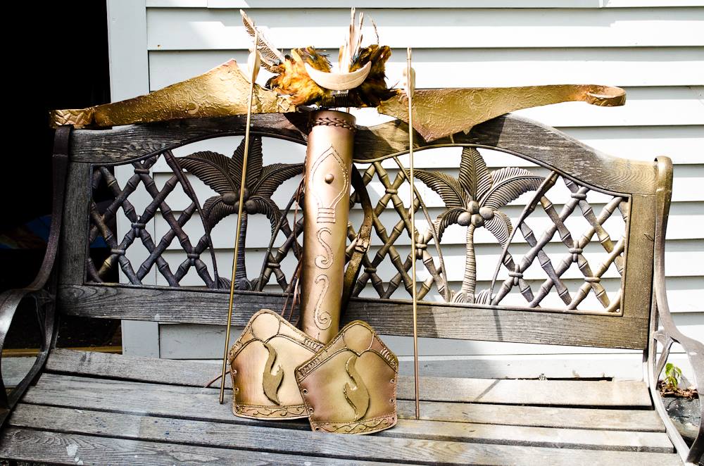 My newly improved bracers, quiver, arrows, bow and headdress.