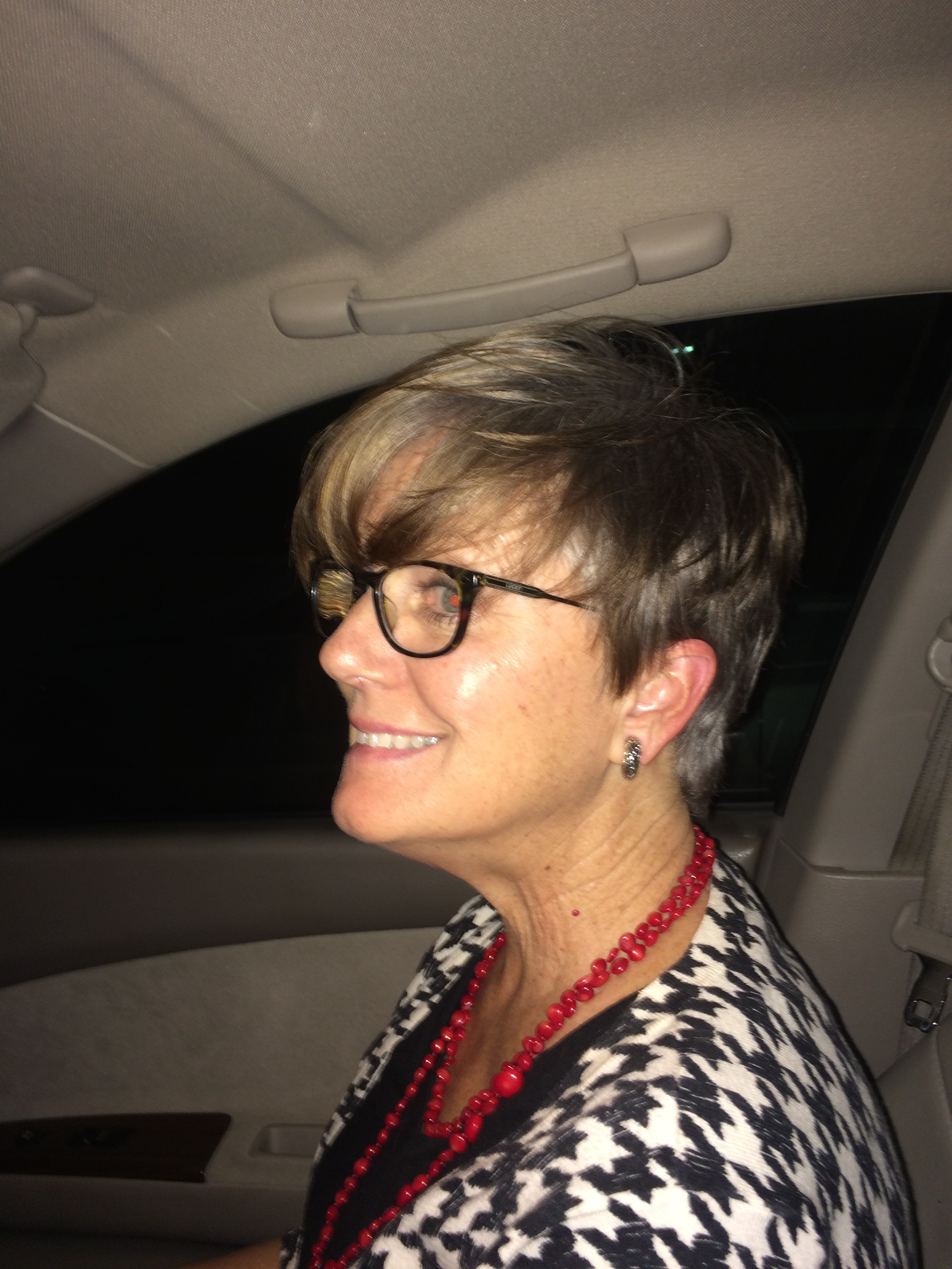 The night I got the chop! On the way home in our car. (as Nora Ephron said; "I feel bad about my neck").