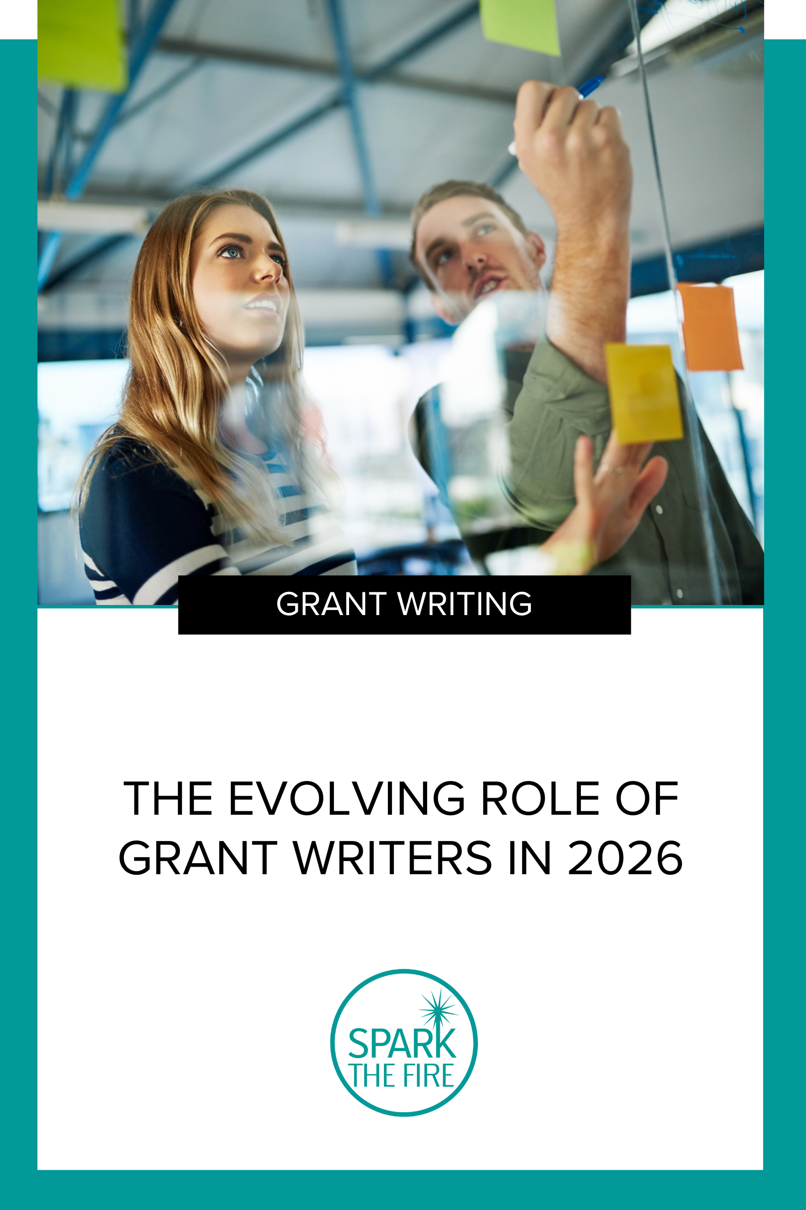 Grant writers strategizing with sticky notes