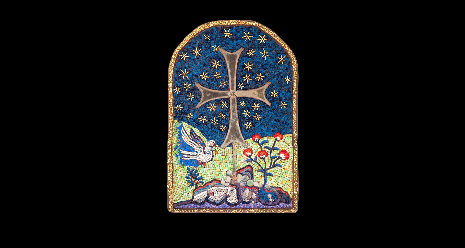 Betrayal: Thirty Pieces of Silver. 35x24". XI Century Bronze Byzantine cross, 30 V Century Roman coins, Italian glass smalti, 24 karat gold tesserae.
