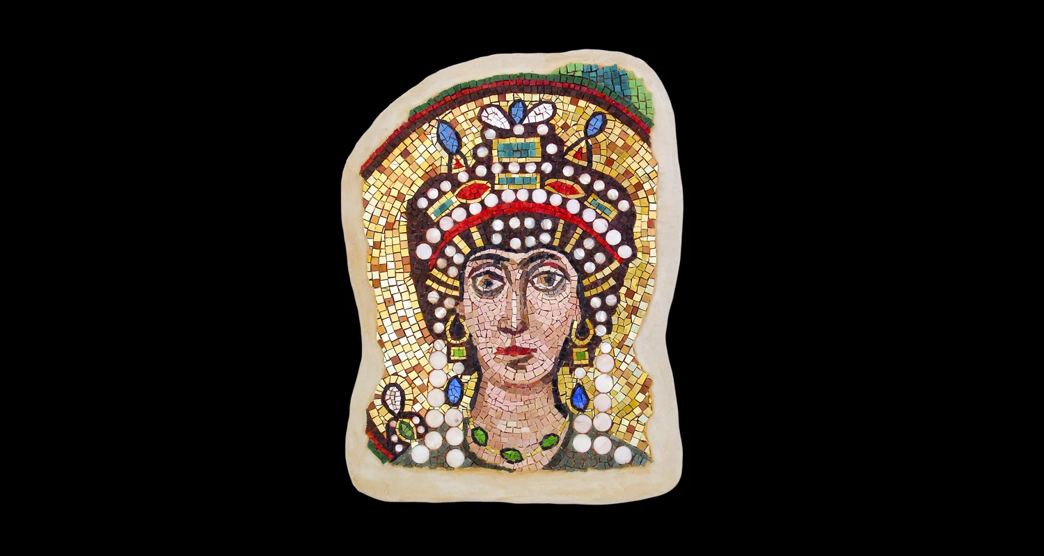 Empress Theodora. 21x16". Italian glass smalti, 24 karat gold tesserae, mother of pearl.