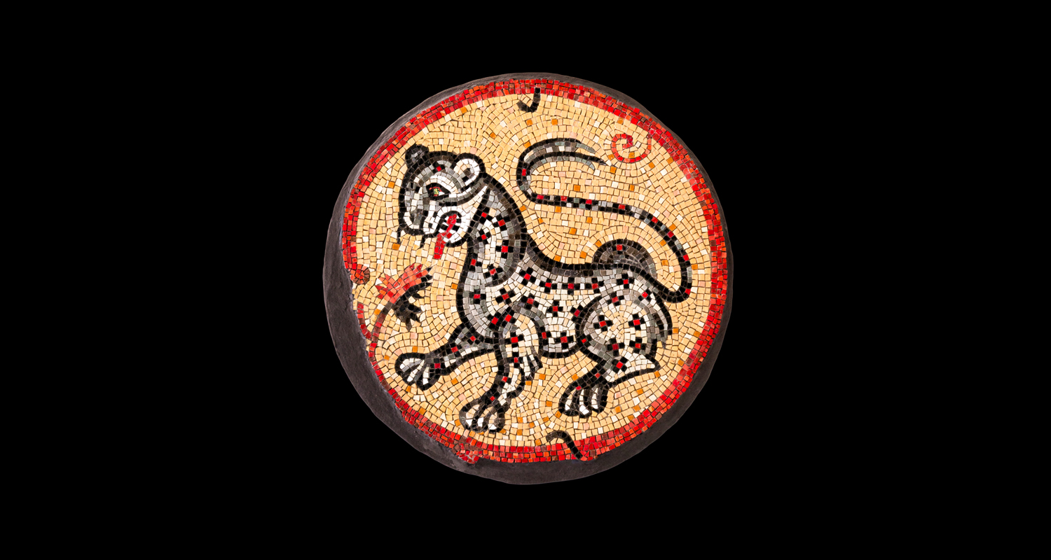 Leopard. 24" diameter. Italian glass smalti, dichroic glass.