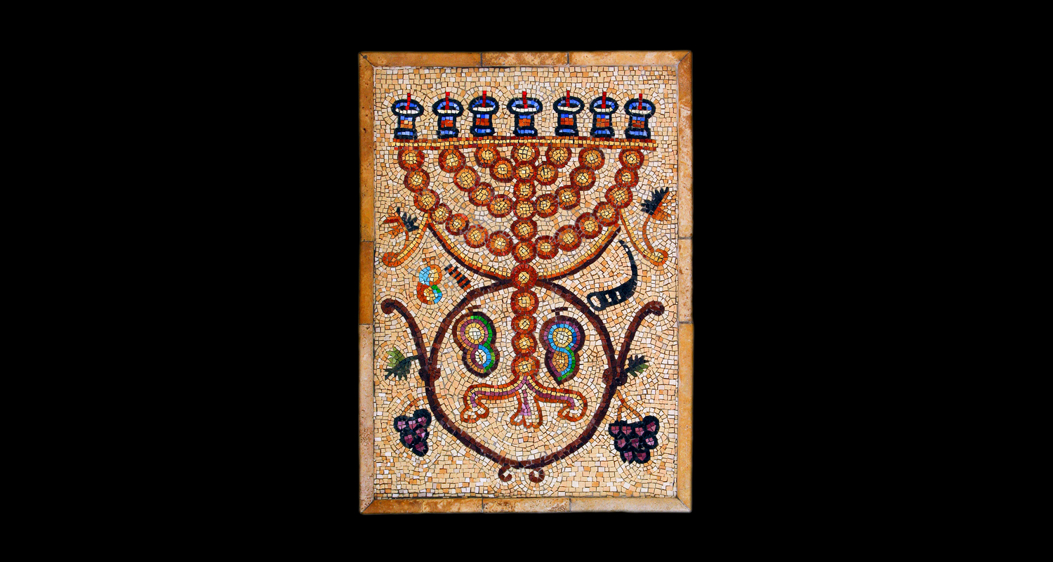 Menorah. 26x19" Italian glass smalti, 24 karat gold tesserae, marble frame.
