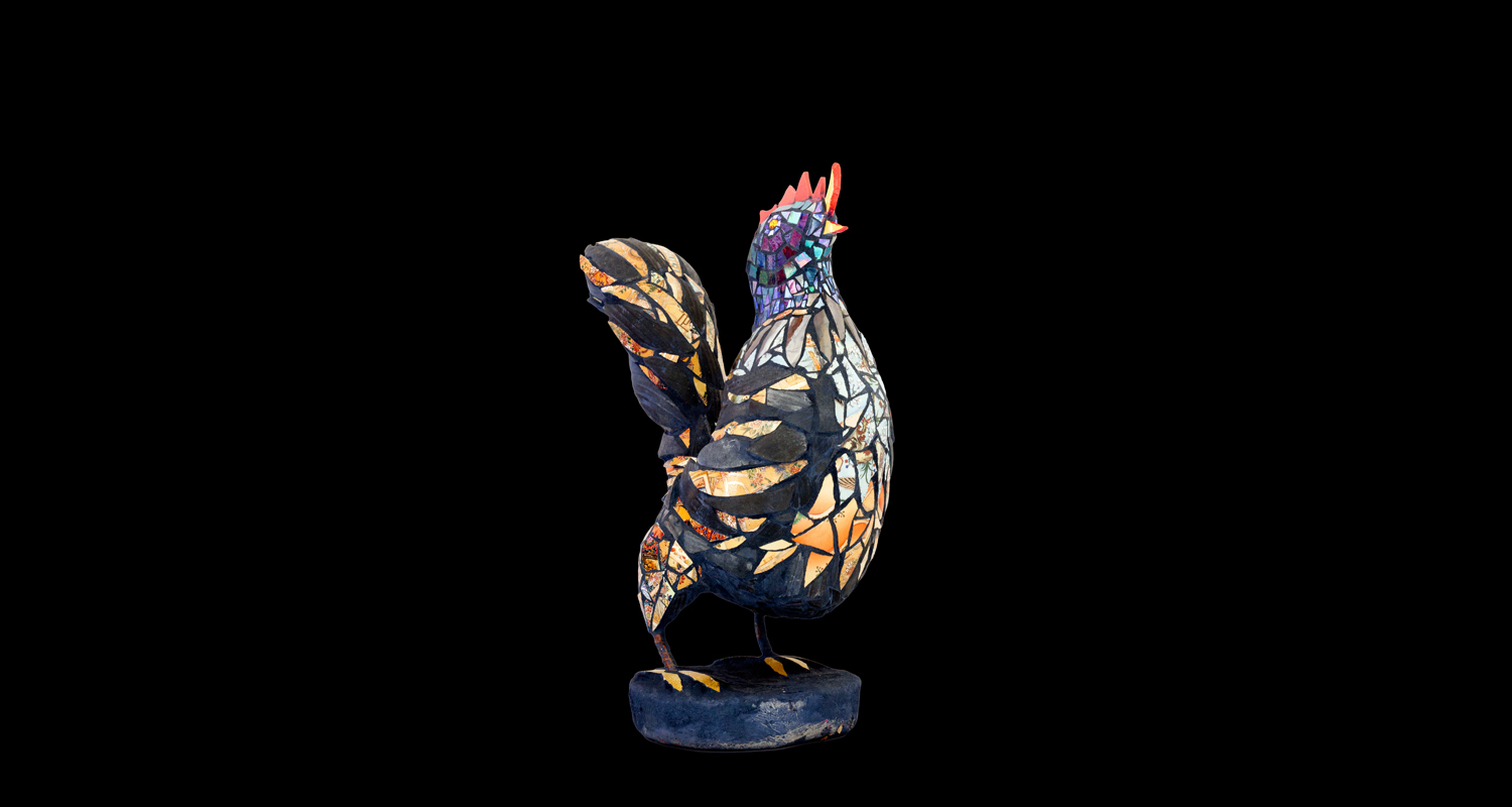 Crowing Rooster Sculpture. 17x22". Chinese porcelain, Egyptian pottery.