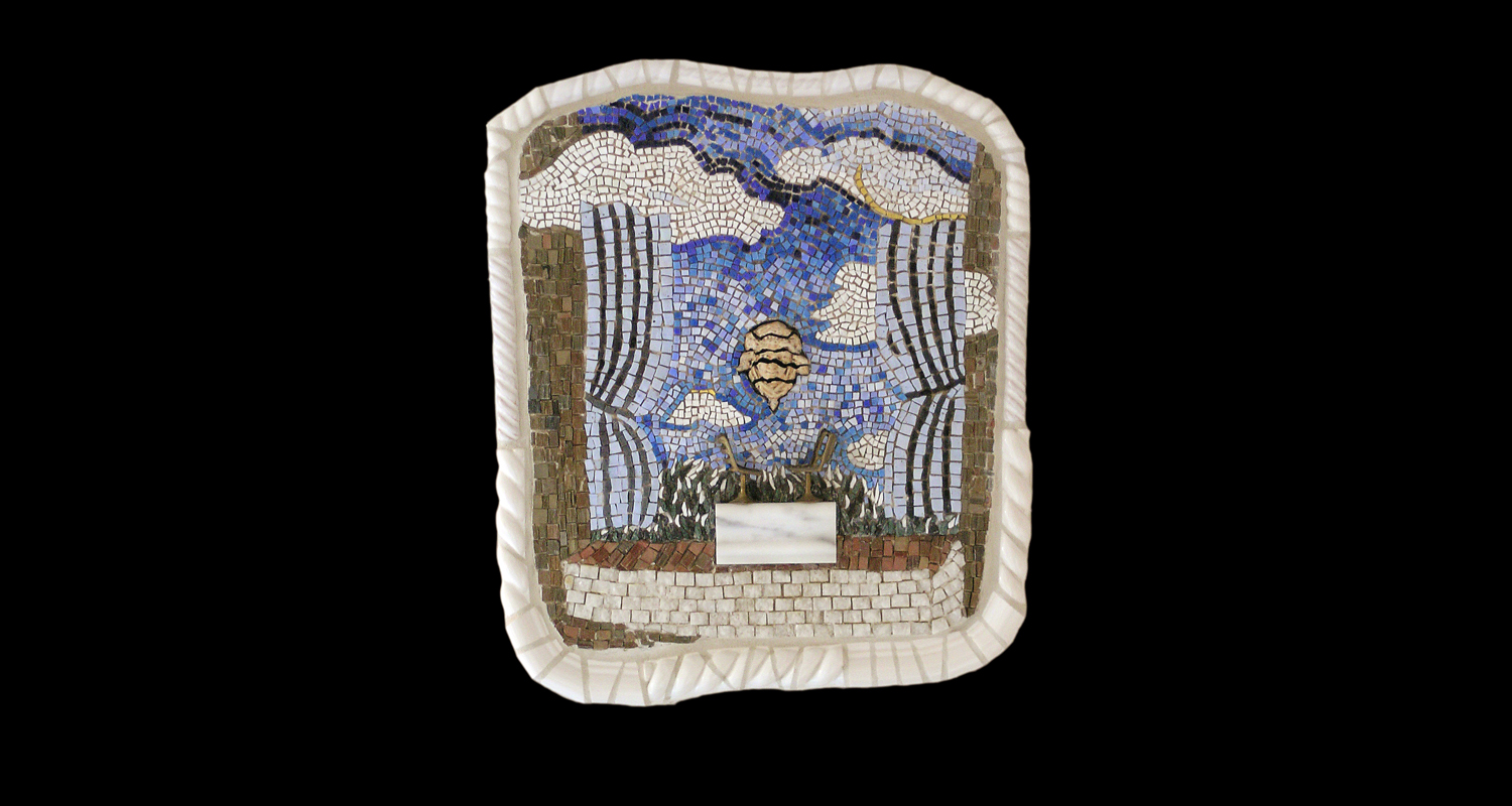 Conversation With Rene. 21x17". Italian glass smalti, 24 karat gold tesserae, found objects, marble.