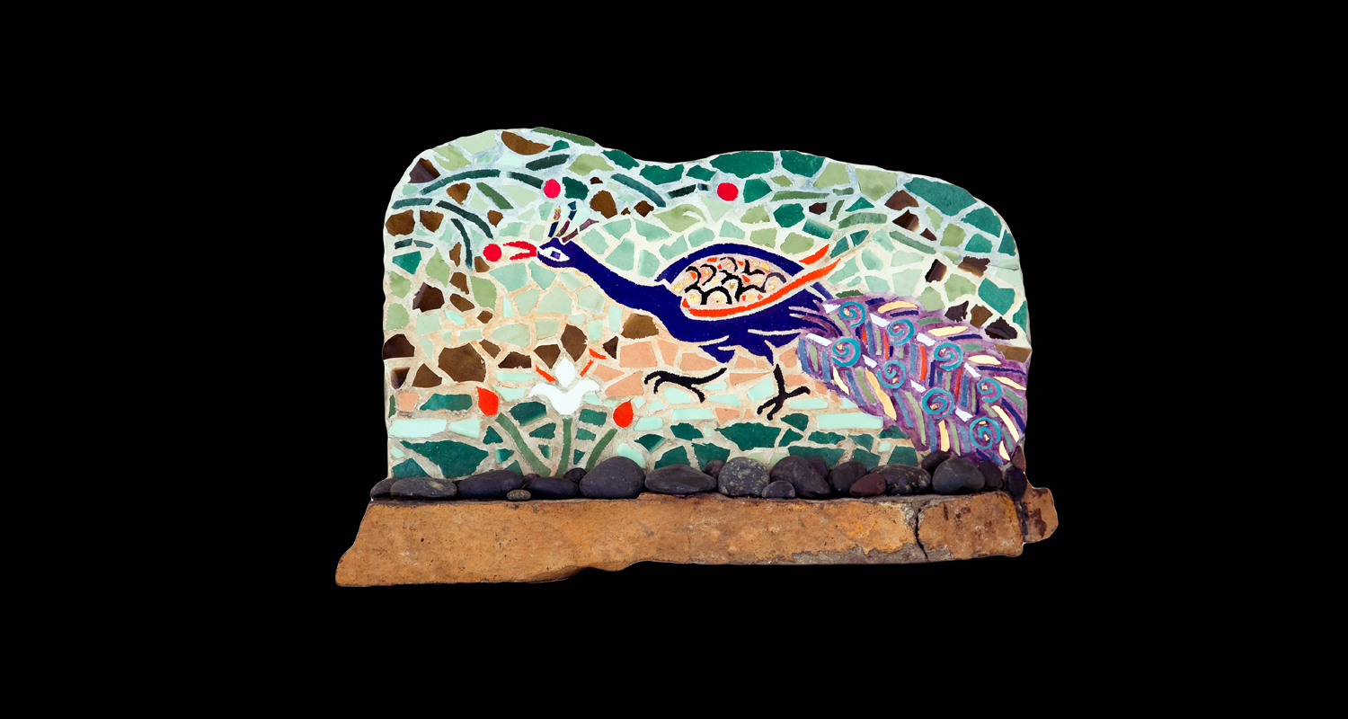 Peacock II. 14.5x10". Ceramic, 24 karat gold tesserae, sandstone base.