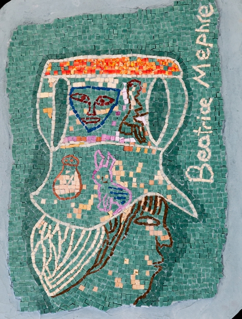 Beatrice Mephre's Tribal Headdress. 22x30". Italian glass smalti.