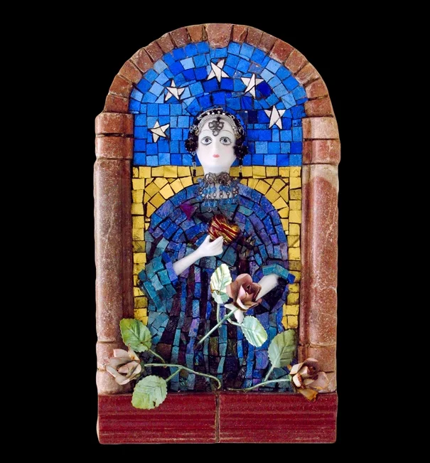 Love The Icon. 14x8" Italian glass smalti and 24 karat gold tesserae, Murano glass heart and found objects.