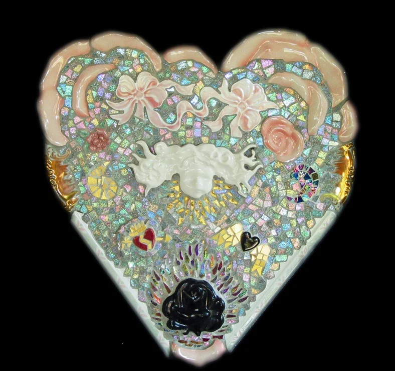 Roses Are No Longer Red. 15.5x14". Ceramic, porcelain, Mexican iridescent smalti, Italian 24 karat gold tesserae, dichroic glass.