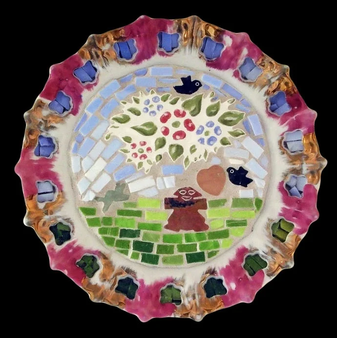 Mejor Sola Que Mal Acompañada. 8" diameter. Italian glass smalti, semi precious stones, vintage plate frame.