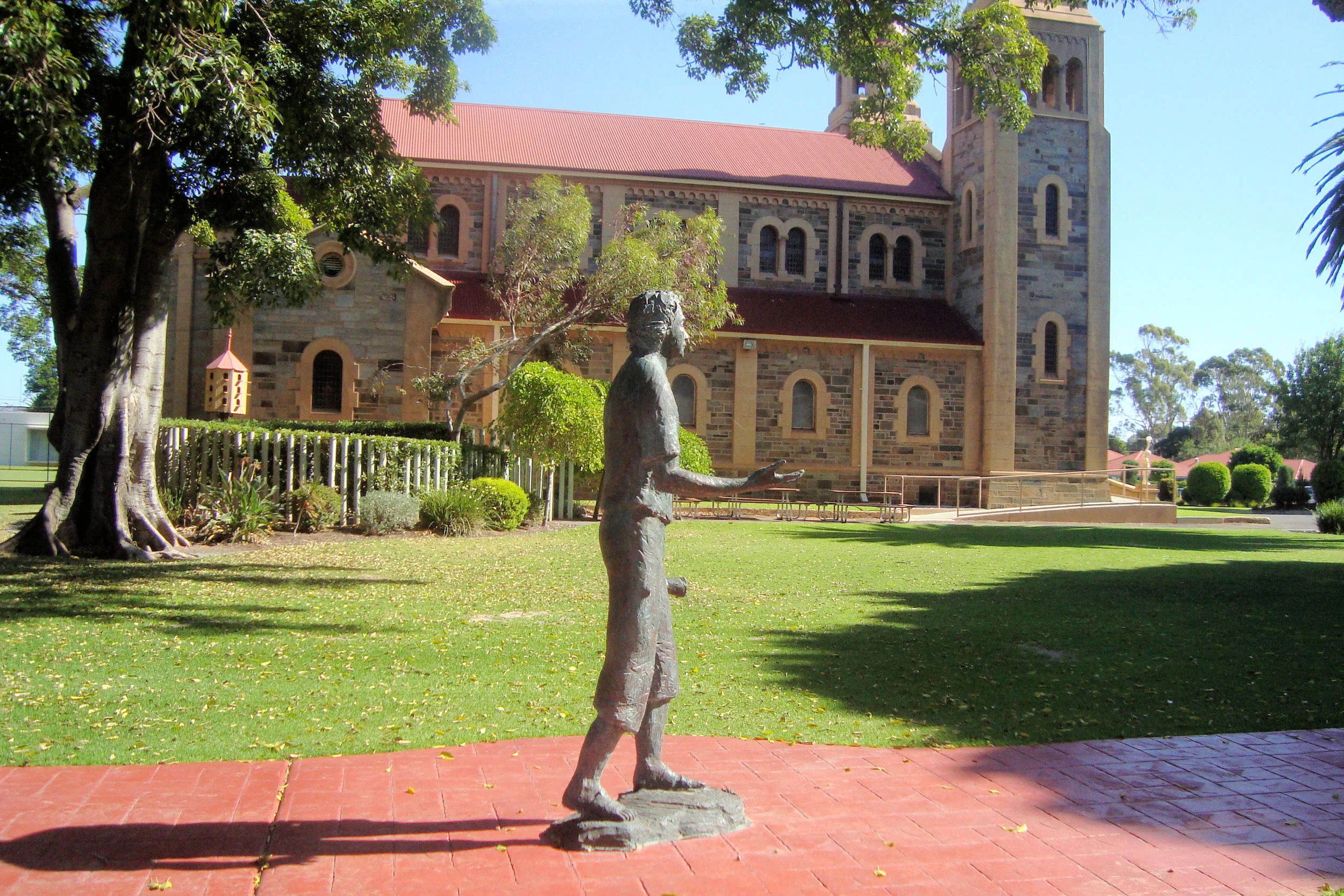 A statue of Marcellin Champagnat sculptured by Pauline Clayton which stands outside the chapel at Sacred Heart College in Adelaide. The photograph was taken by Br Bryan Leak.