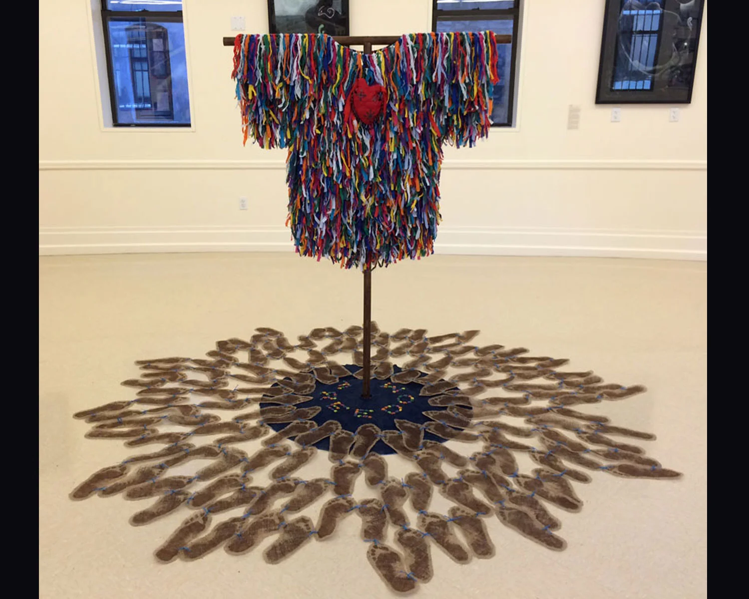 Freedom Period Materials: Cotton Fabric, Cotton Twill Tape, Poly-Cotton Batting, Metal Sequins, Glass Beads, Rocks, Wood, Metal Screws, Cotton Embroidery Floss, Poly Buttonhole Twist Techniques: Hand Embroidery, Hand Beading, Hand Dyeing, Fabric Printing, Tufting, Garment Construction, Wood Construction, Adobe Illustrator 2014