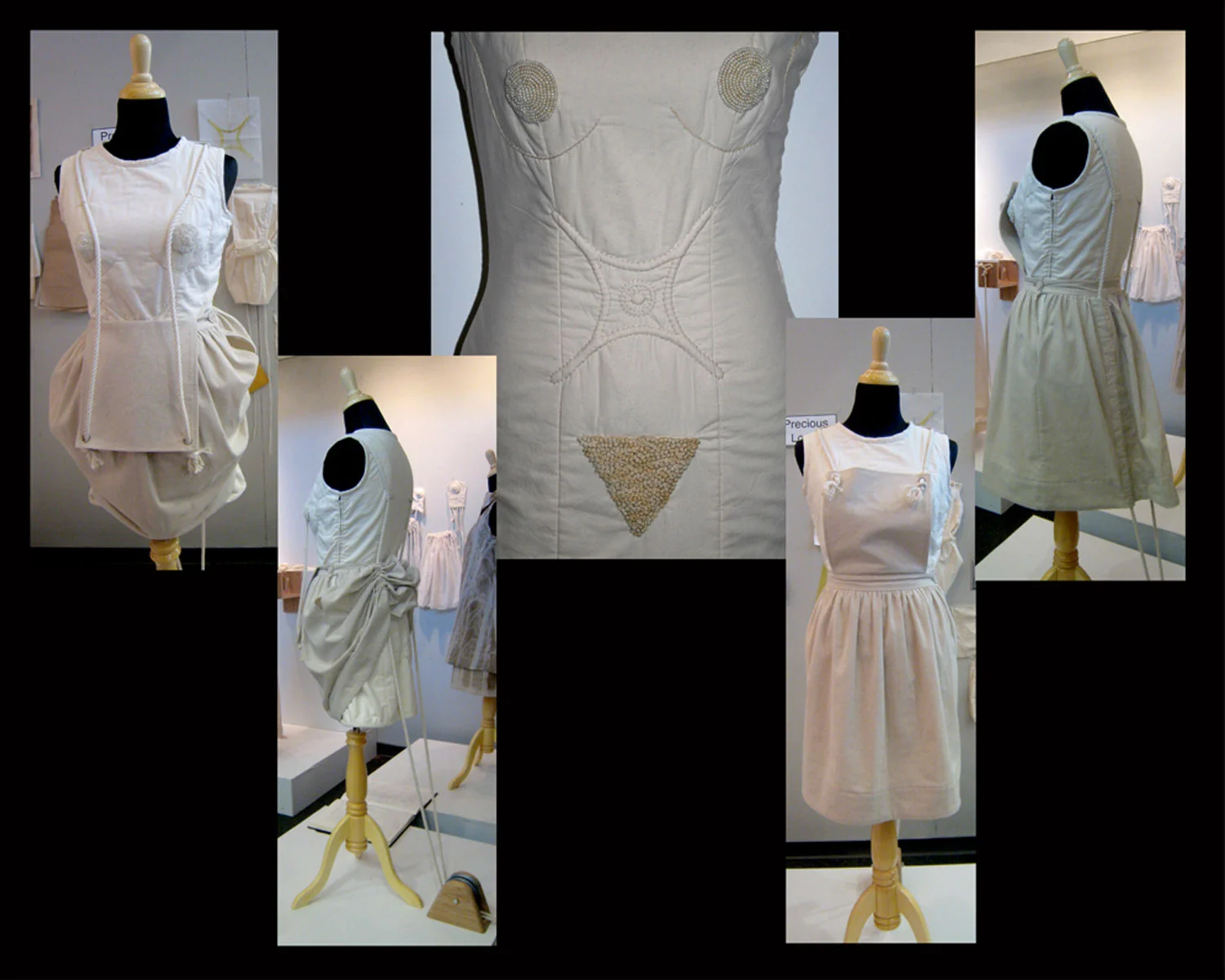 Defile Materials: Cotton Osnaburg, Cotton Muslin, Cotton Batting, Cotton Rope, Plastic Rings, Wood, MetalHardware, Metal Zipper, Hook and Eye, Plastic Ring, Interfacing, Poly/Cotton Thread Techniques: Beading, Embroidery, Trapunto, Wood Construction, Patternmaking, Garment Construction 2009