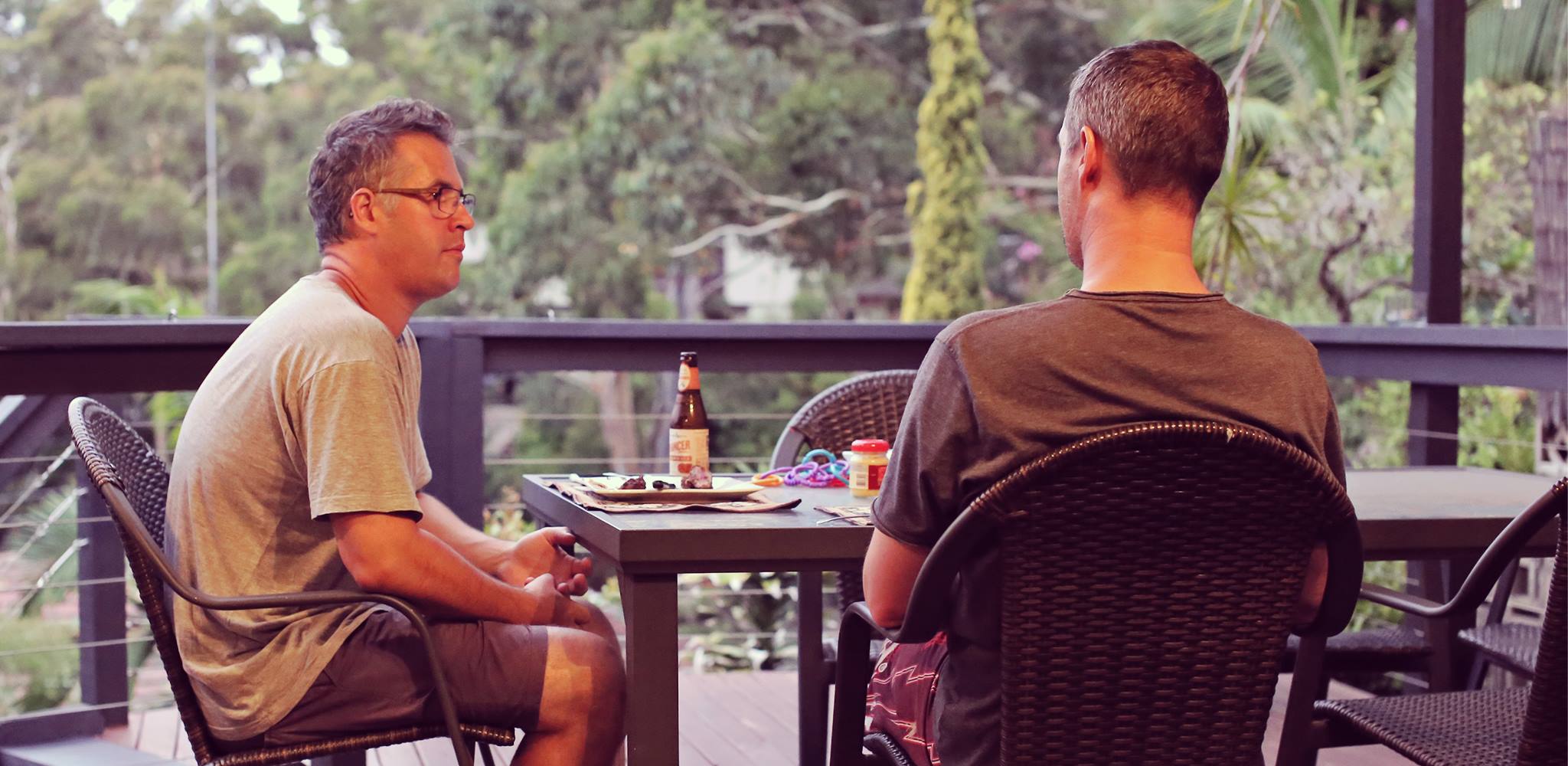 Tris and I having a quiet beer with dinner the day after our Mum died.