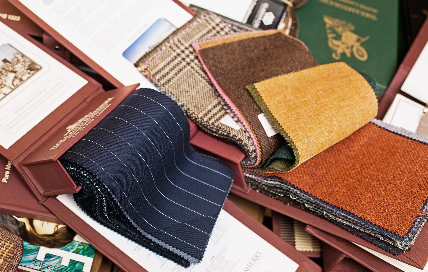 Fabric samples used in Barry Wishnow's bespoke suits. 