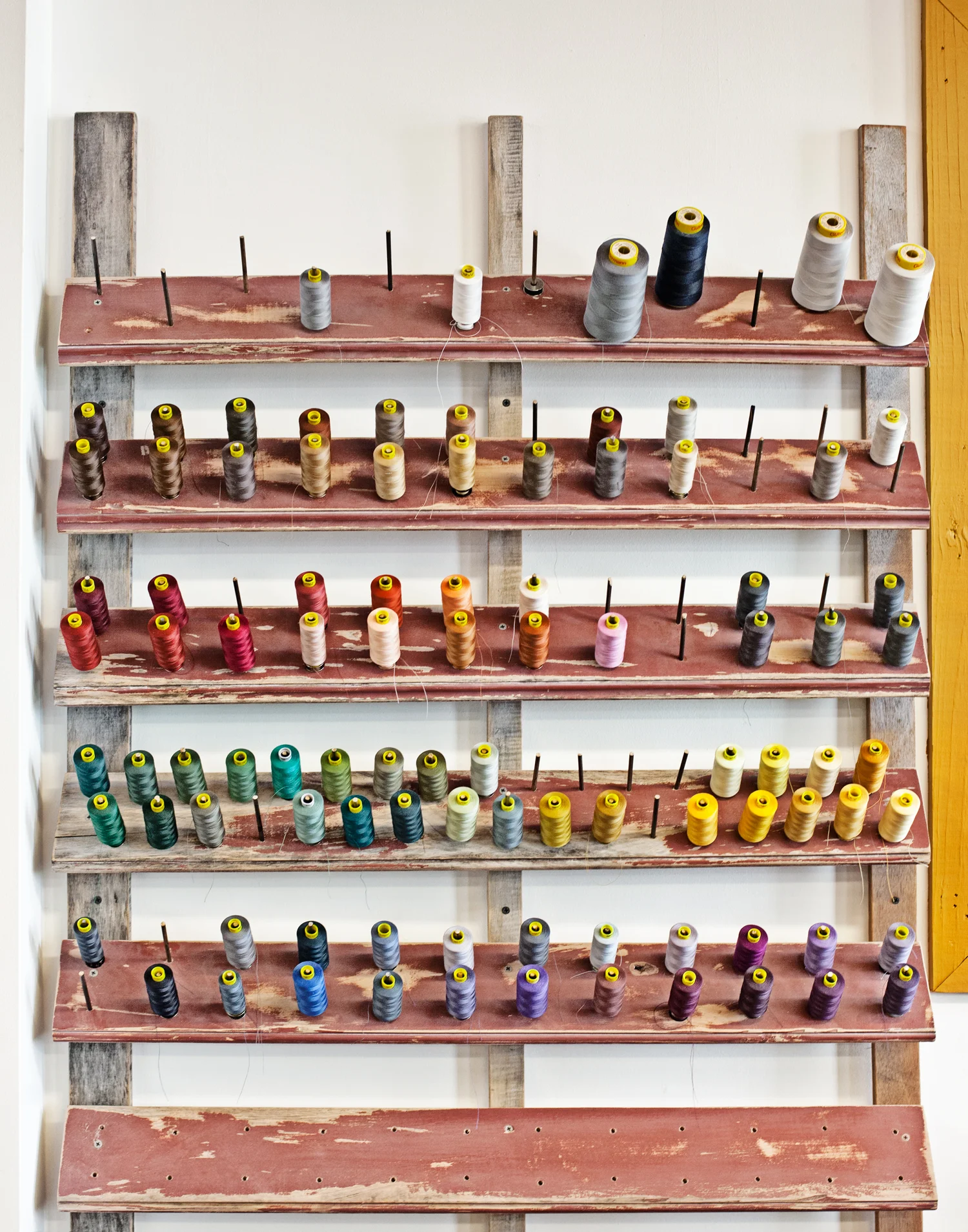 Thread choices at the Otis James Nashville studio. Otis James handcrafts ties. 