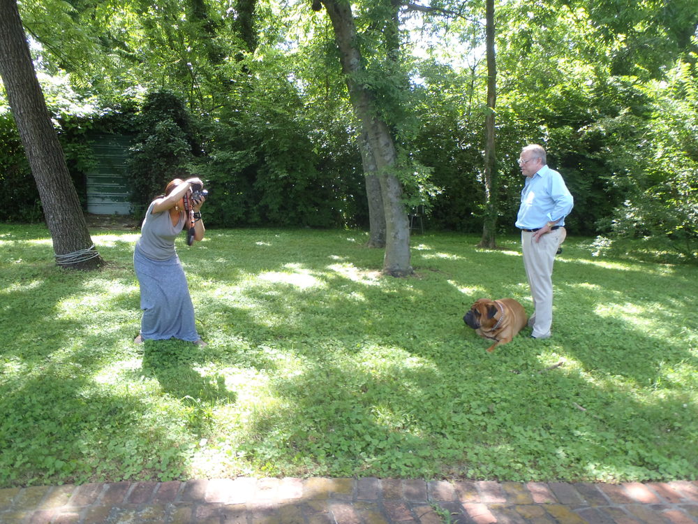 Behind the scenes. Hitch, Barry Wishnow's mastiff, joins in. ©Nadia Junaid