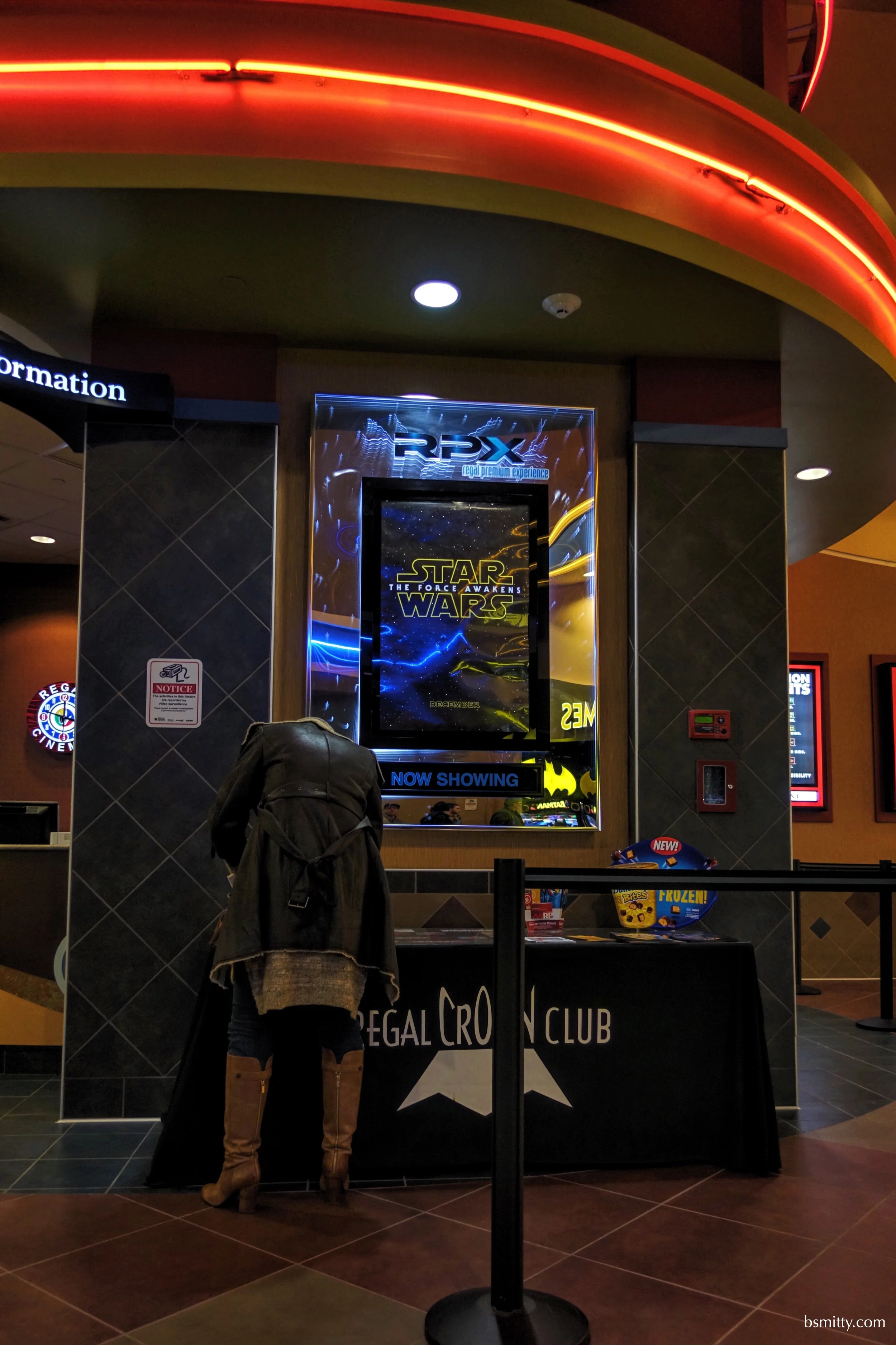 In front of this headless person was the only signage of Star Wars in this theatre. Mary and I plan to see it again maybe will find something else set up there 
