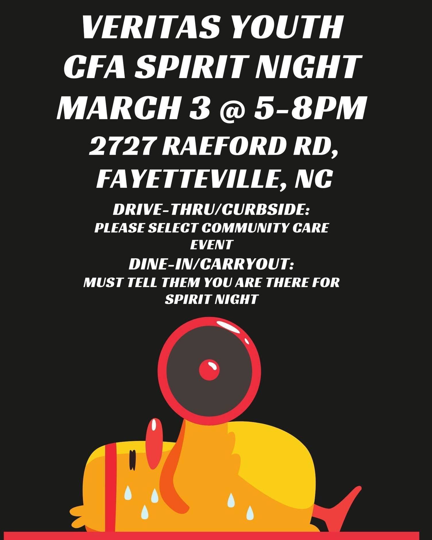 Eat Chick-Fil-A and support our Veritas Youth on Tuesday, March 3 from 5-8p! A portion of sales will go to Veritas Youth to support the cost of our teens going to Camp Caswell during the summer.

Be sure to let the cashiers at Chick-Fil-A know that y