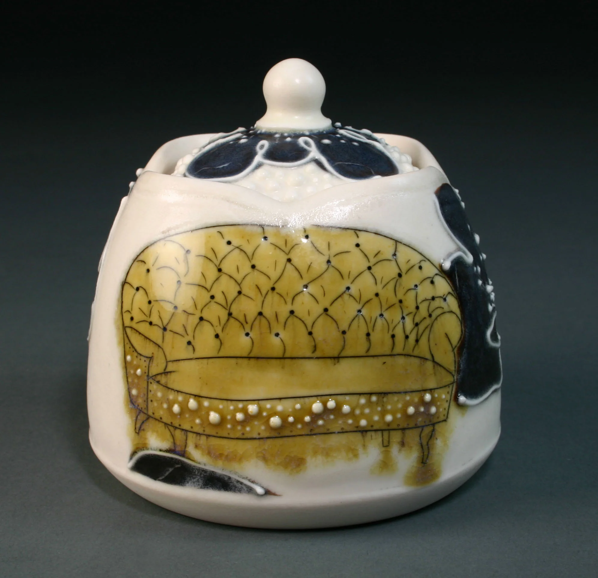  &nbsp;Porcelain decorated with hand drawn mishima, underglaze, slip trail, and glaze.  3.5" x 3" x 3"&nbsp;    