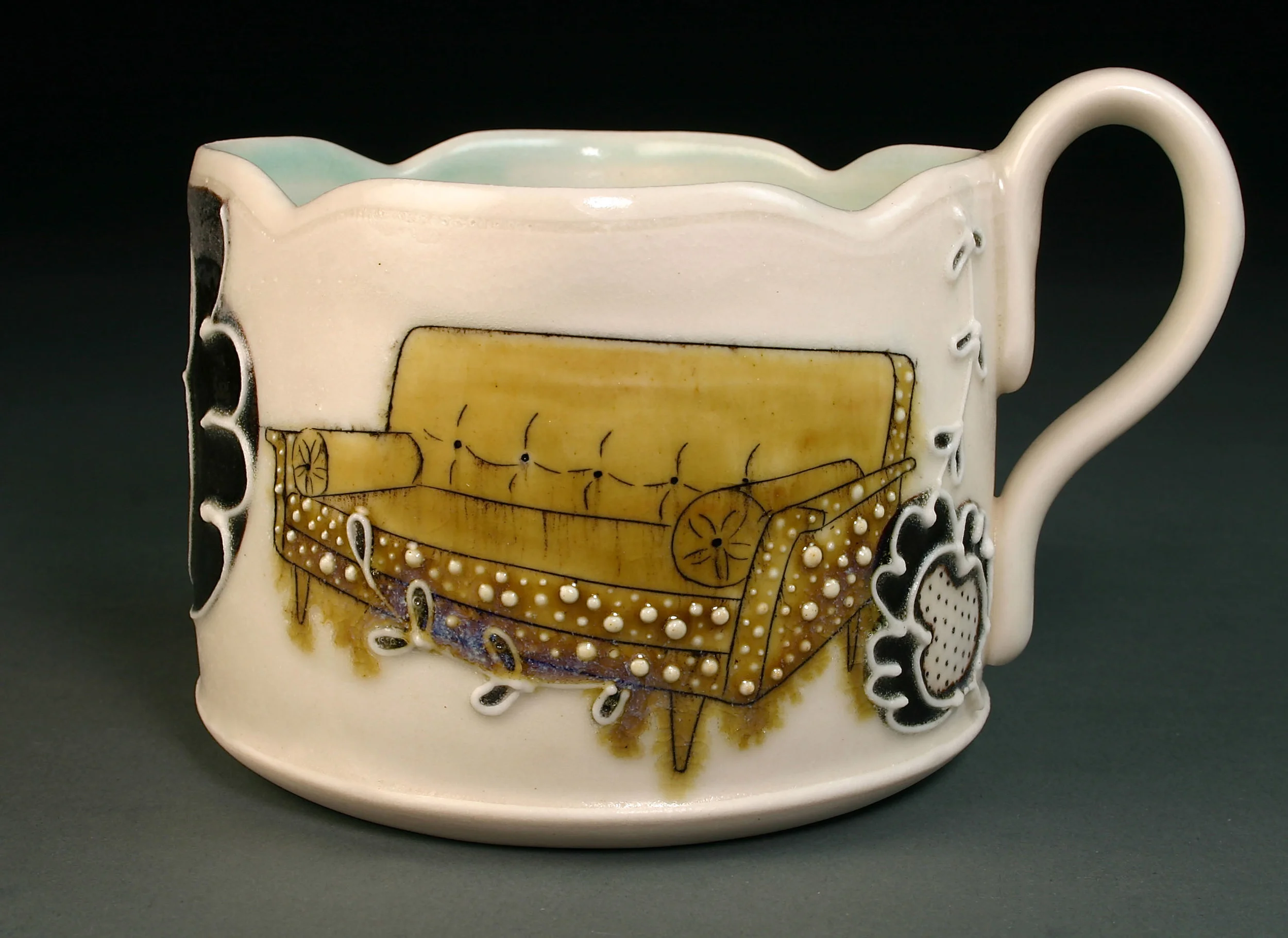  &nbsp;Porcelain decorated with hand drawn mishima, underglaze, slip trail, and glaze.  3" x 4" x 4" 
