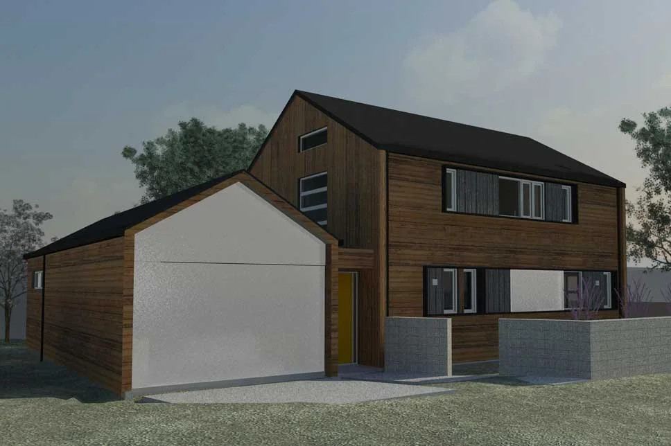 Colour study with ironsand roof and dark window frames.