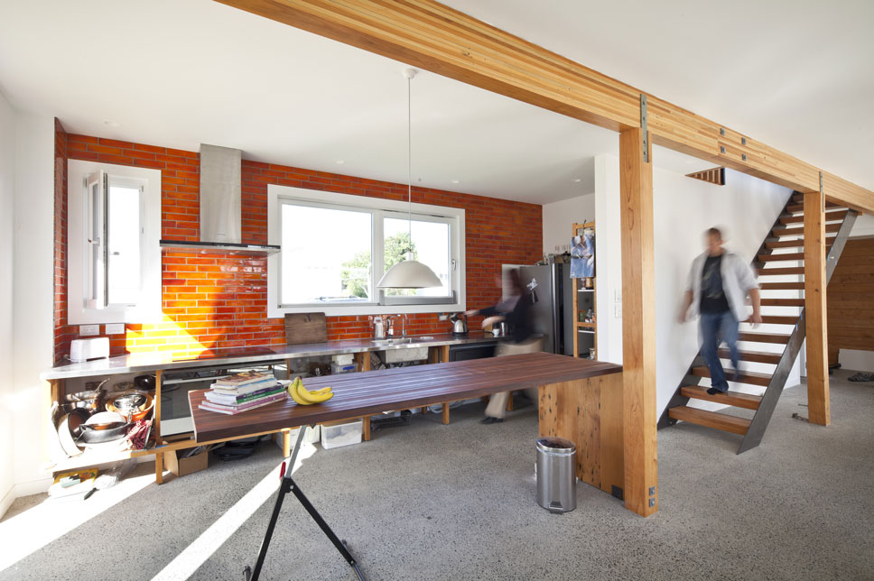  Ground floor beam after move-in. The island bench is made from recycled decking timber, and when this shot was taken was on a temporary stand. 