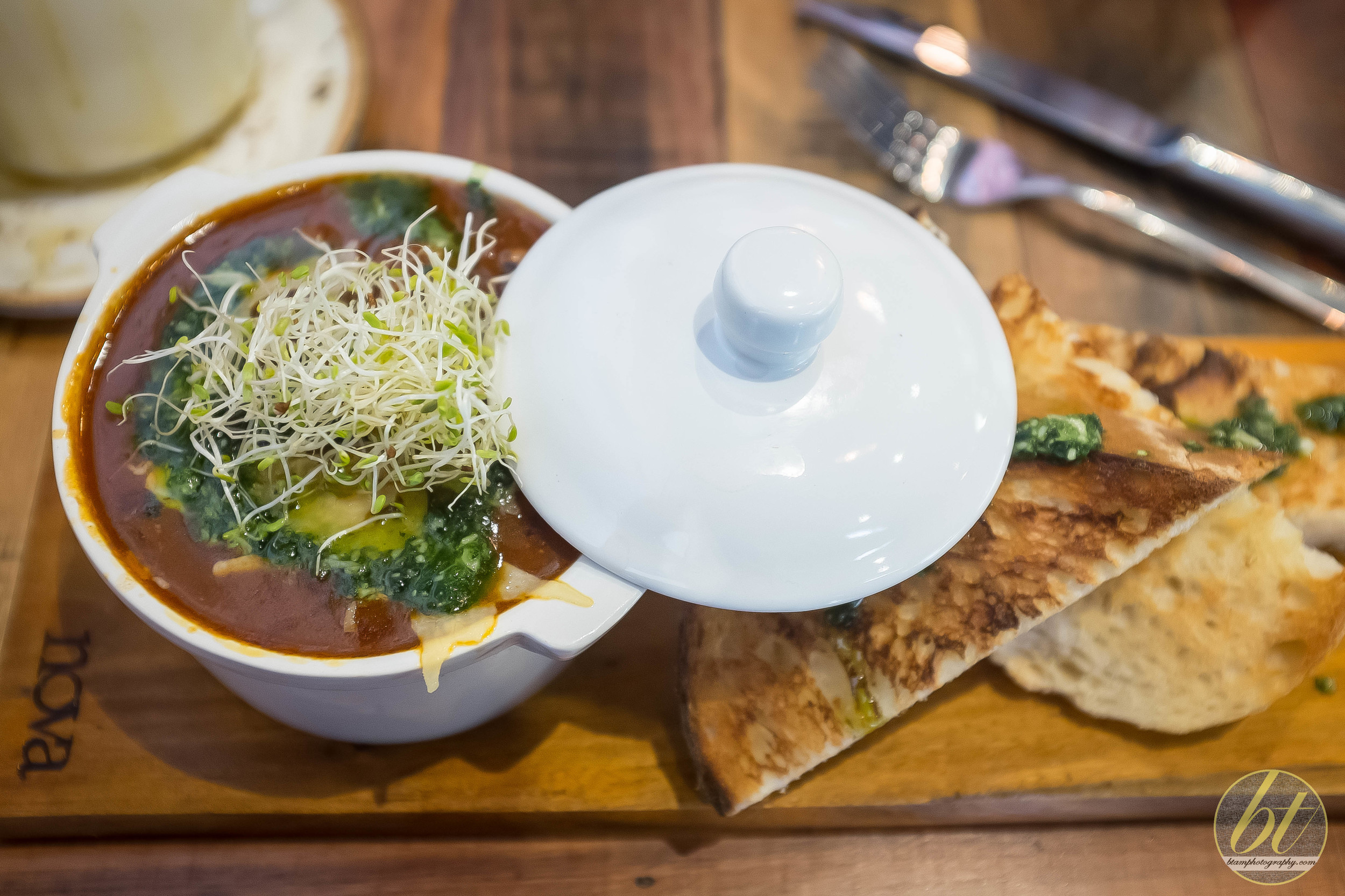 The Cheeky ($19) - Slow cooked beef cheeks, black eyed beans, poached egg, crusty bread, kale pesto