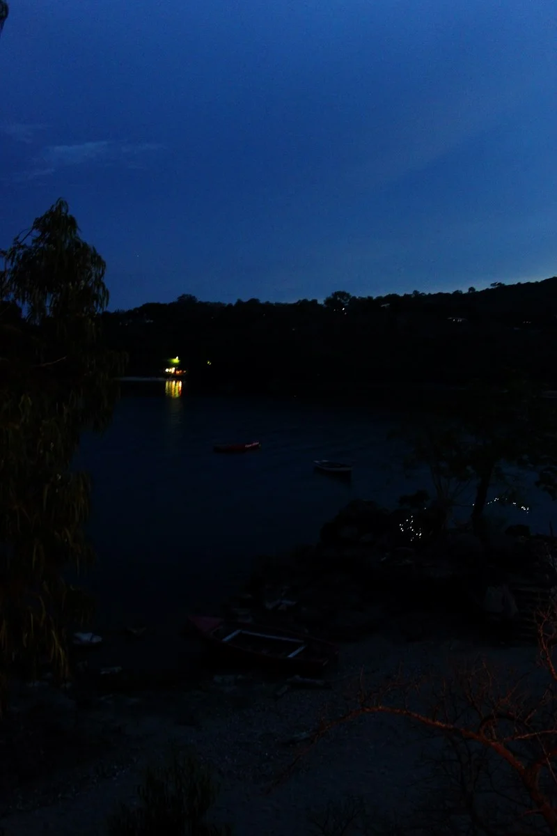 the evening view, across the bay, to our favourite dinner spot Mayoka Village