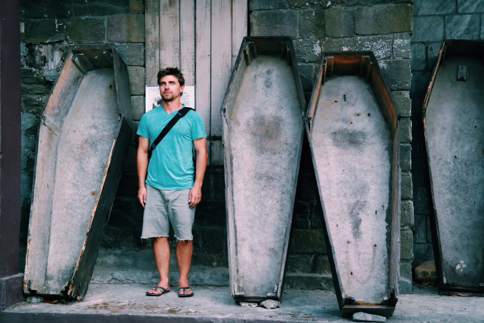 Rufus doing his best dead/scared/crazy(?) look with the original coffins used by Johnny Depp &amp; cast in the movie