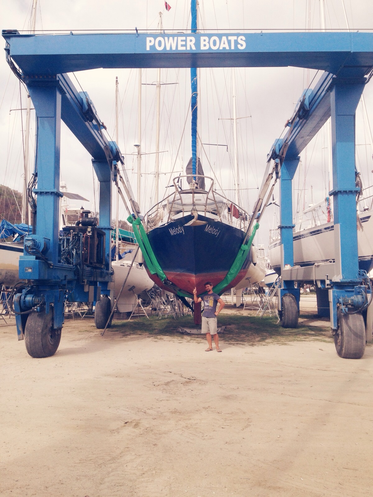the travel lift that transports the boats out of and back into the water.
