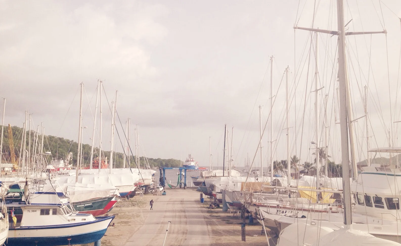 view of the yard, looking at the slip where the boats get lifted in and out of the water.
