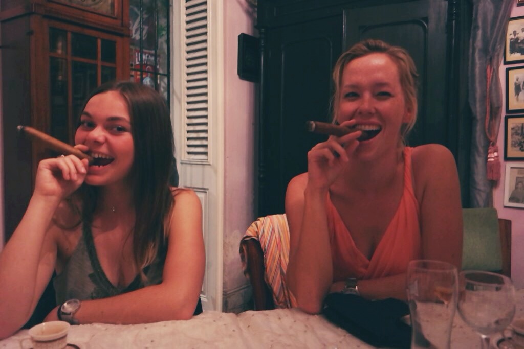 Chloe and I trying to look elegant with our cigars - it's a lot easier for French women I discovered