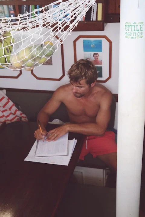 Entering the log details after every watch and then updating the route on our paper chart. We actually still haven't filled&nbsp;in the last entry, of when we arrived... it's a bad habit we have developed.