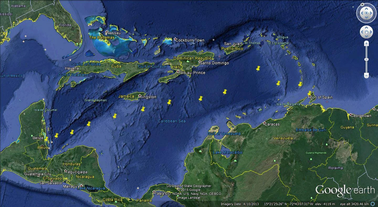 This is the route my dad mapped in real time as we crossed. The fourth pin from the east, under St Thomas, is a&nbsp;bit off (too high) but you can get a pretty accurate idea of our route. Thank you Daddy!