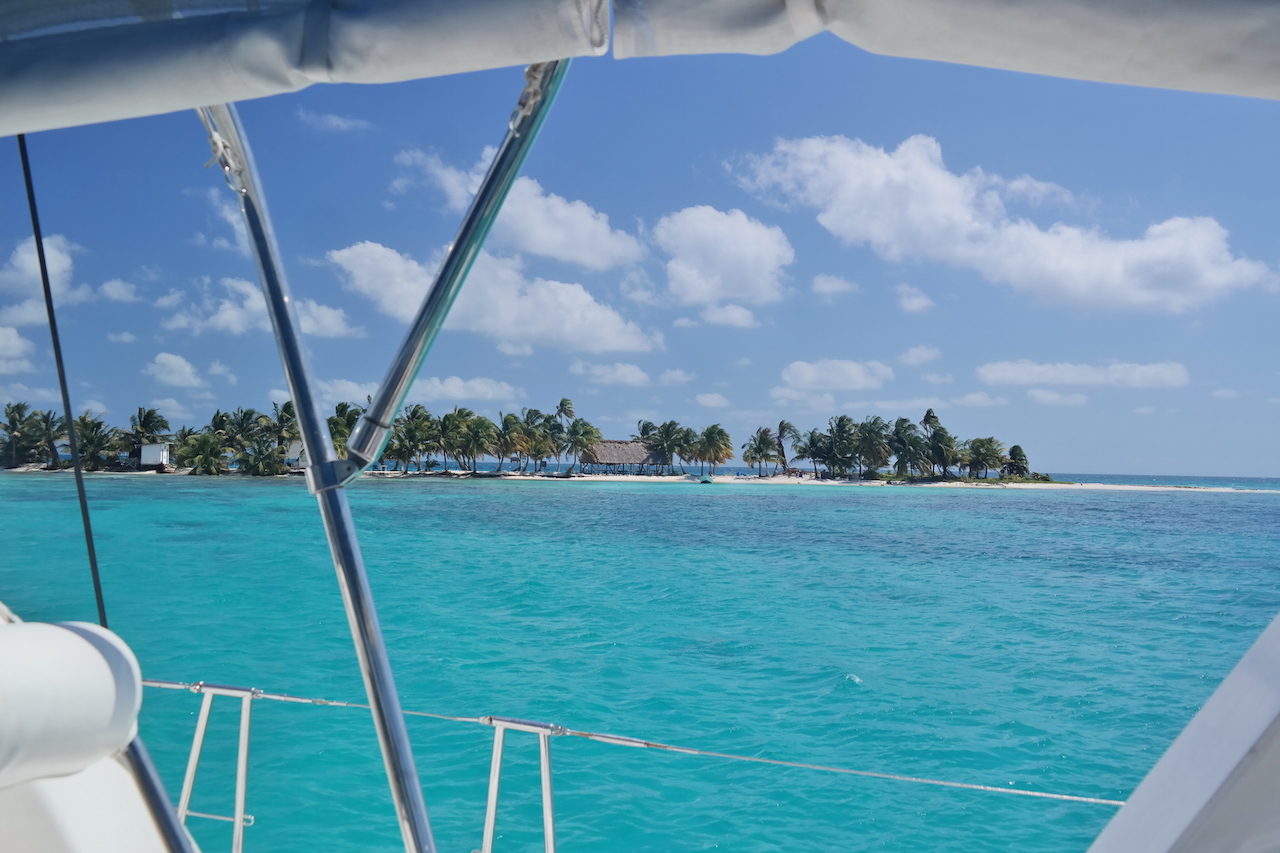 the view of Laughing Bird Caye from Sea Dale's helm