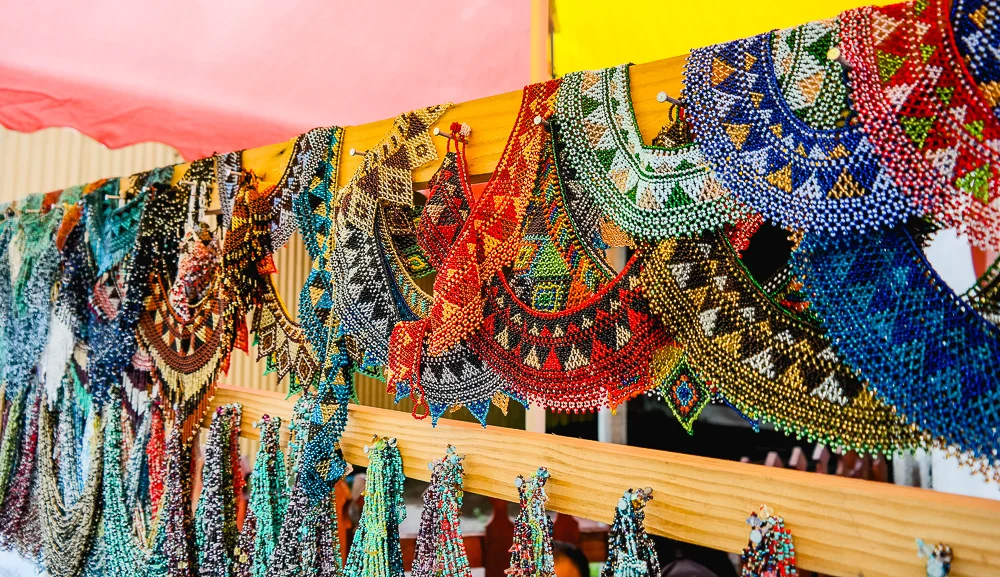 colourful hand-made goods for sale all along the main street